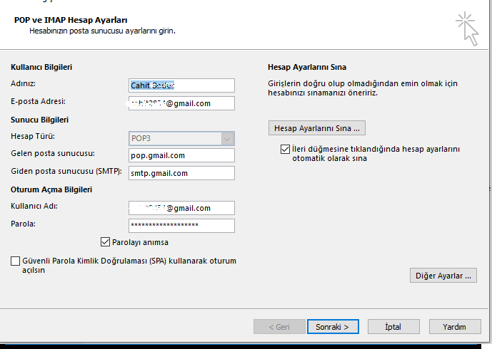 Gmail Outlook Kurulumu (POP İndirme)