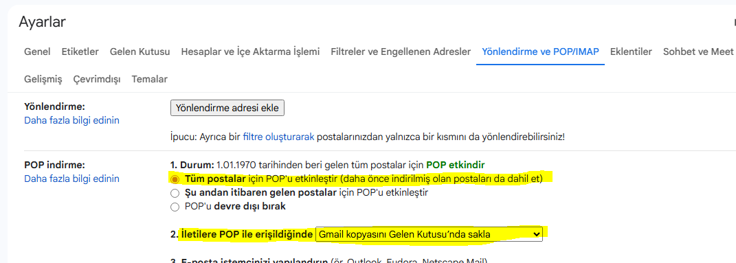 Gmail Pop İndirmeyi aktif Etmek