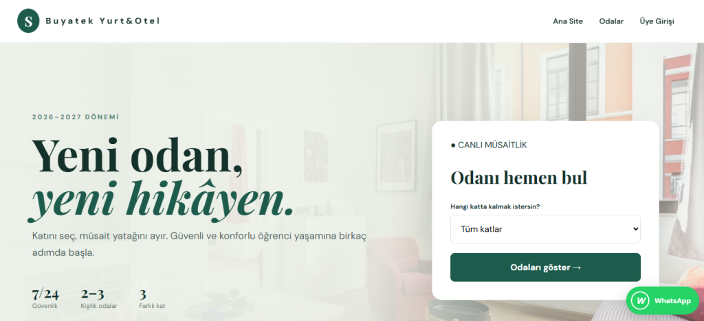 Buyatek Yurt Rezervasyon Sistemi oda arama ekranı