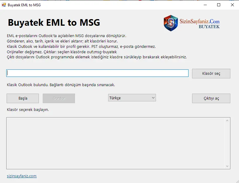 Buyatek EML to MSG dönüştürücüsünde klasör seç, başla, durdur ve çıktıyı aç düğmeleri