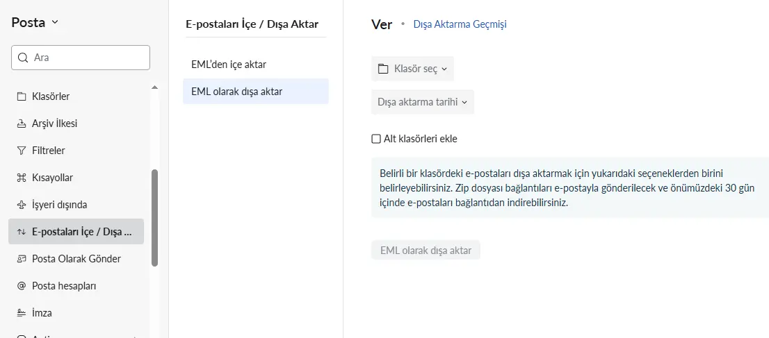 Zoho Mail ayarlarında EML olarak dışa aktarma, klasör seçimi ve alt klasörleri ekleme seçenekleri
