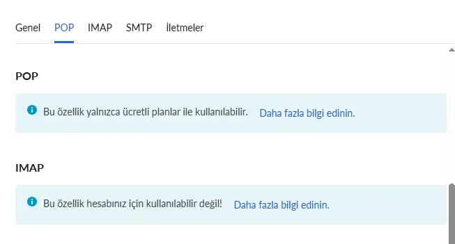 Zoho ücretsiz hesapta POP için ücretli plan uyarısı ve IMAP erişiminin kullanılamadığı ekran