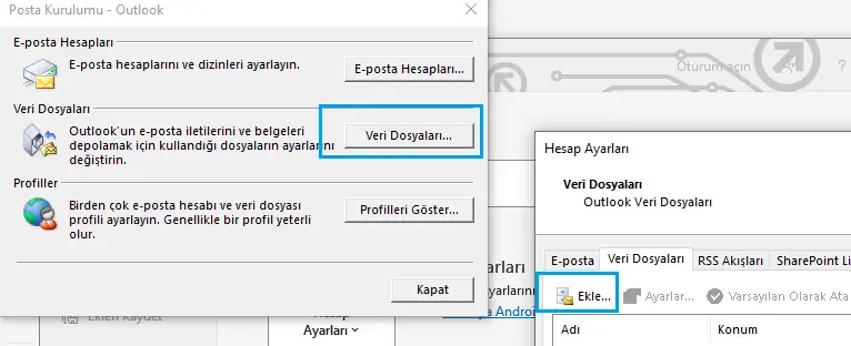 Klasik Outlook hesap ayarlarında Veri Dosyaları sekmesi ve yeni PST dosyası için Ekle düğmesi